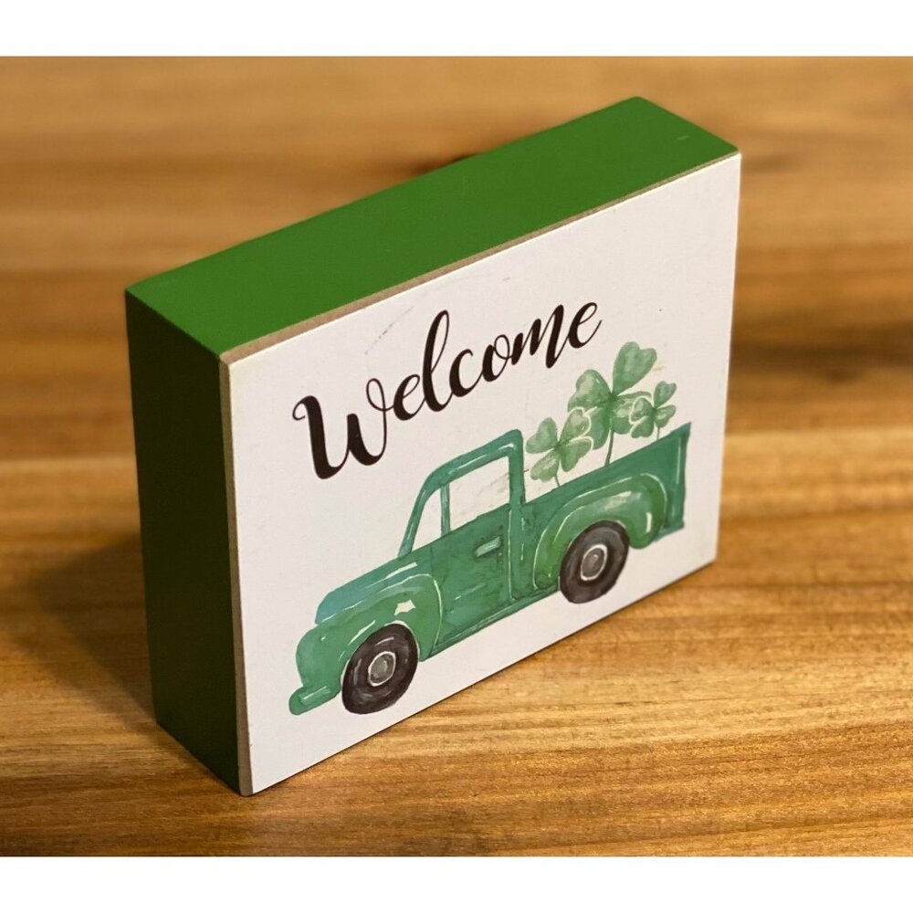 WELCOME St. Patricks Day decor block pickup truck with shamrocks tiered tray
